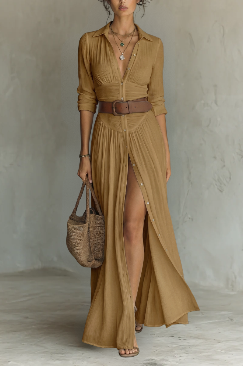 Lifestyle shot of the white Seraphina linen blend maxi dress styled with accessories for a daytime look.