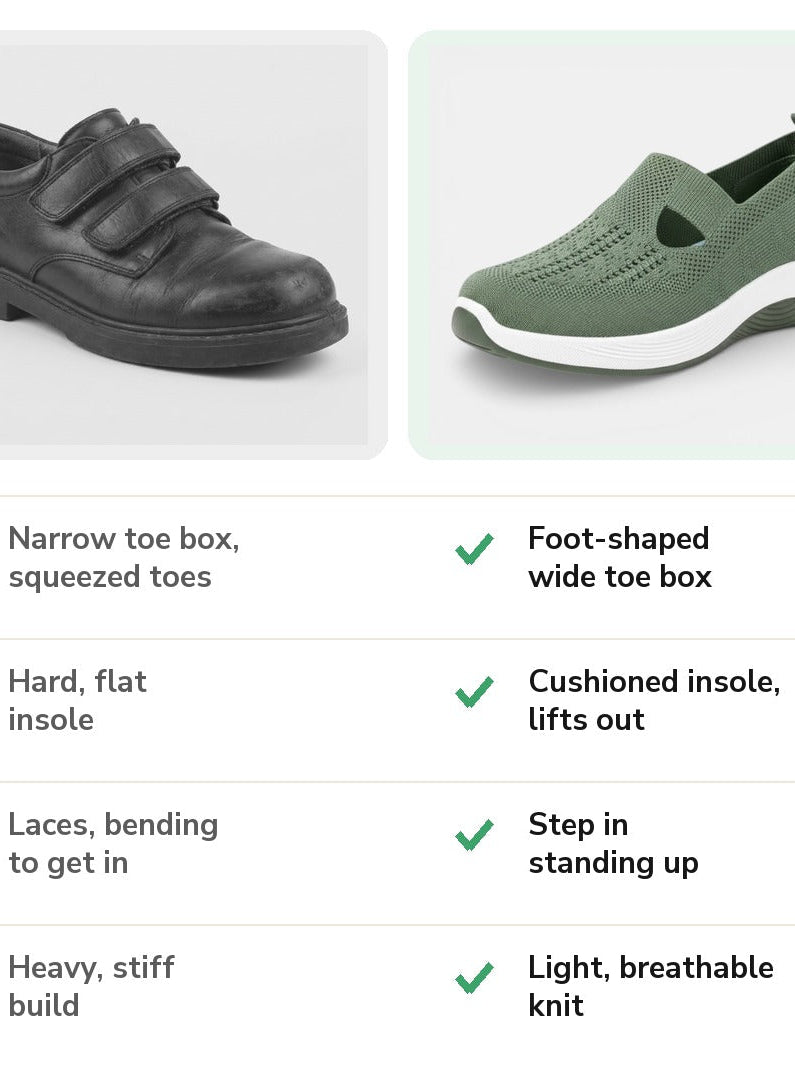 Old stiff shoes compared with the Carry orthopaedic slip-on, feature by feature