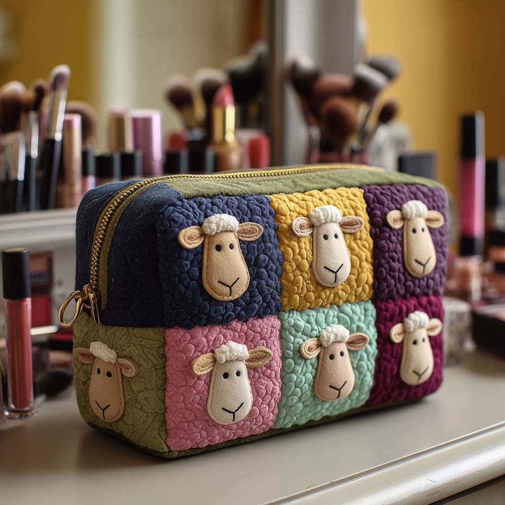 Front view of a Celeste handmade quilted cosmetic bag in a vibrant patchwork fabric, showcasing its unique design and texture.