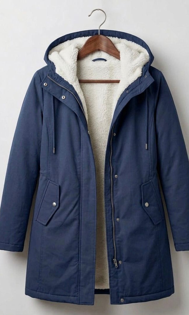 Front view of the Elara waterproof parka in classic black, showcasing its tailored silhouette and functional design.