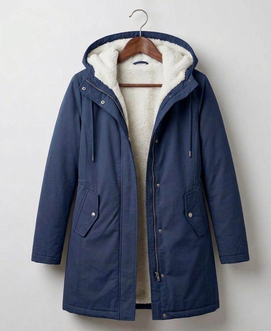 Front view of the Elara waterproof parka in classic black, showcasing its tailored silhouette and functional design.