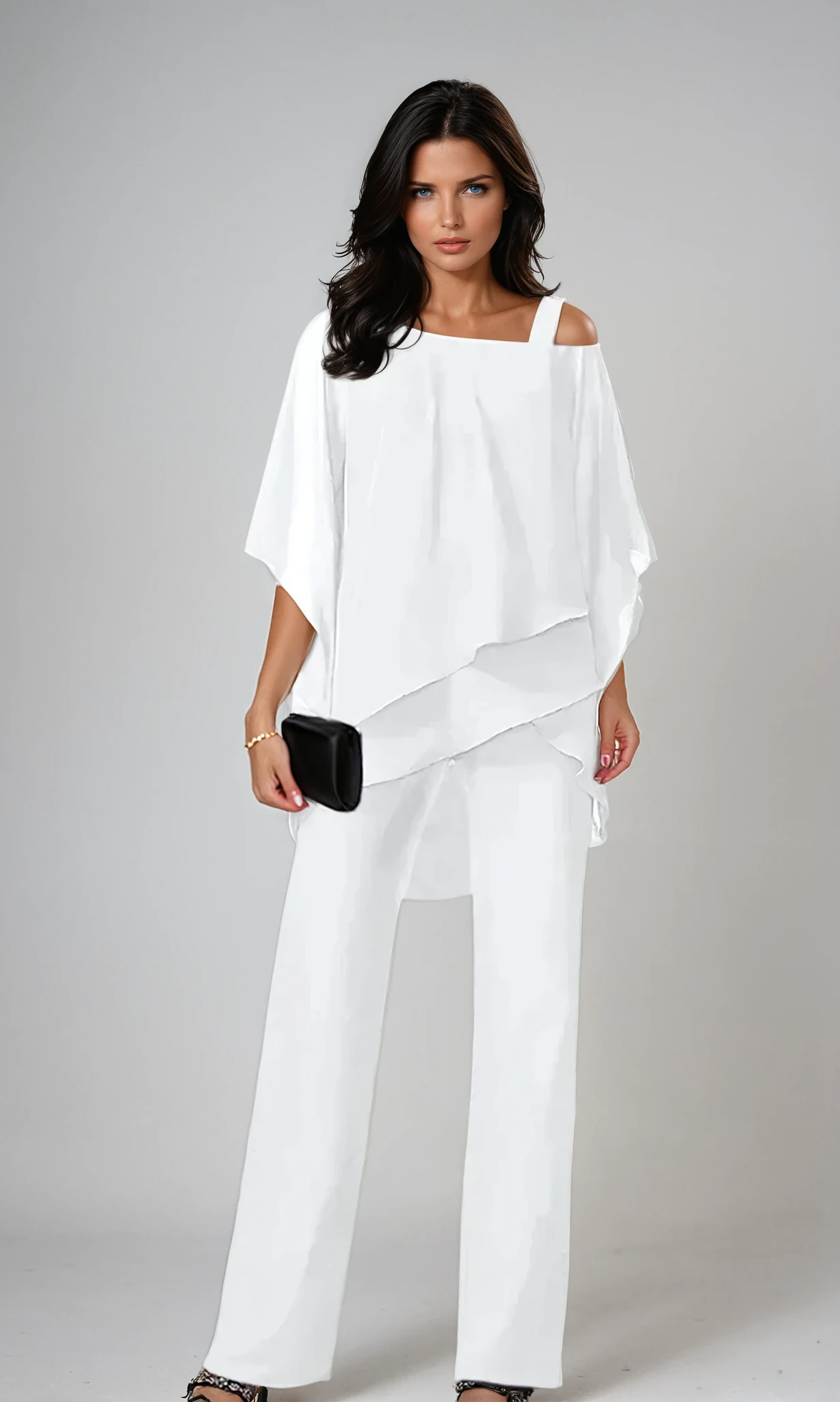 Front view of the flowing Elara two-piece layered set in a vibrant blue color, showcasing its elegant drape.