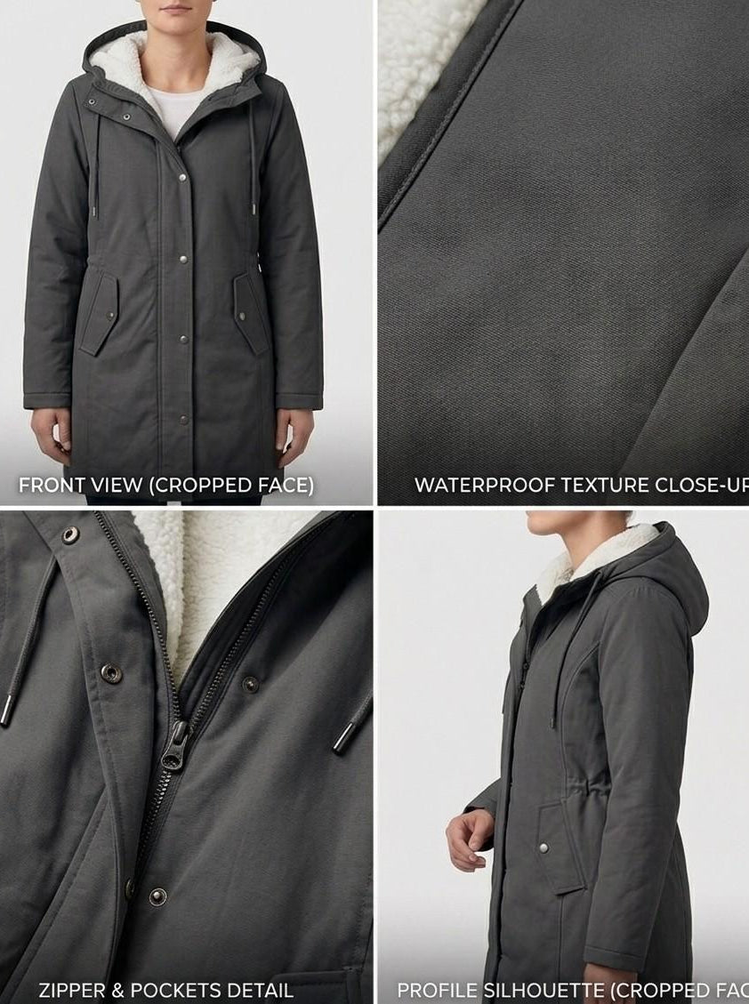 Detail of the Elara parka's cuff and sleeve, showing the quality stitching and durable construction.
