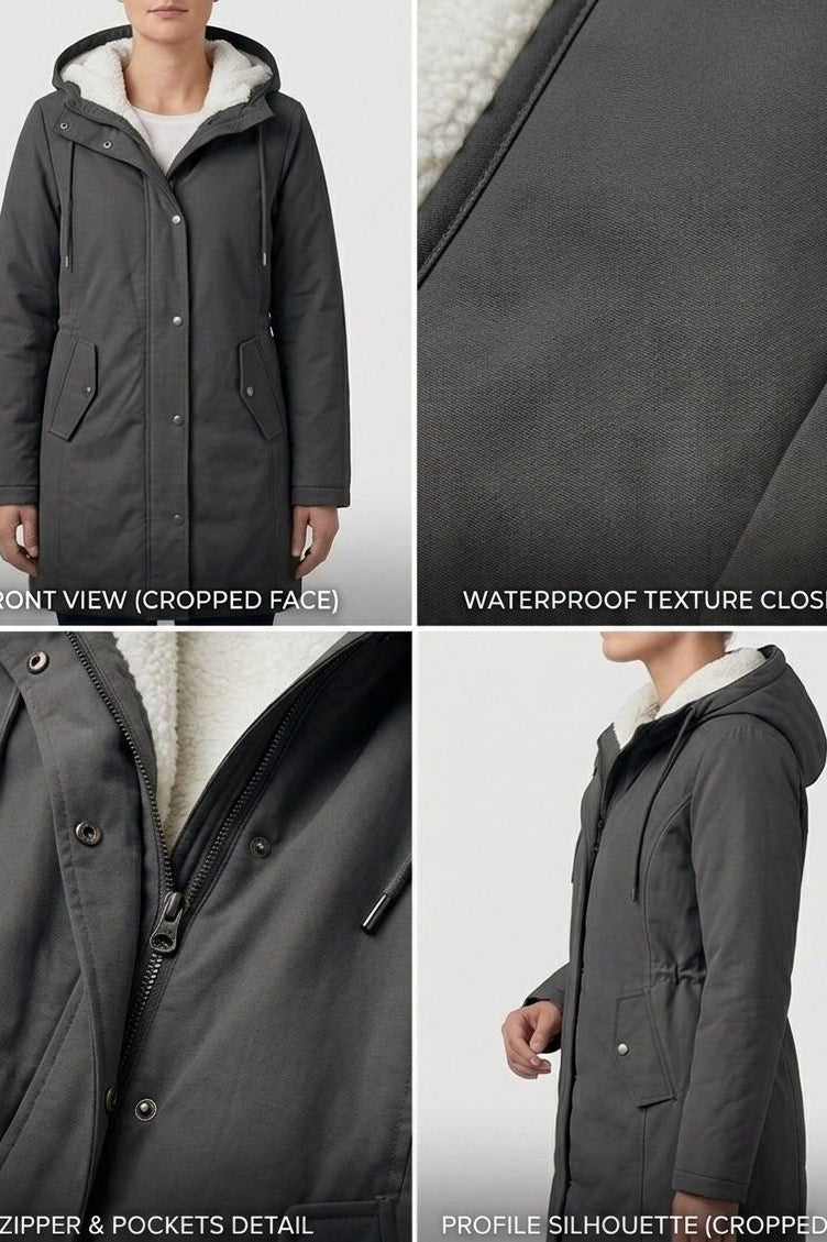 Detail of the Elara parka's cuff and sleeve, showing the quality stitching and durable construction.