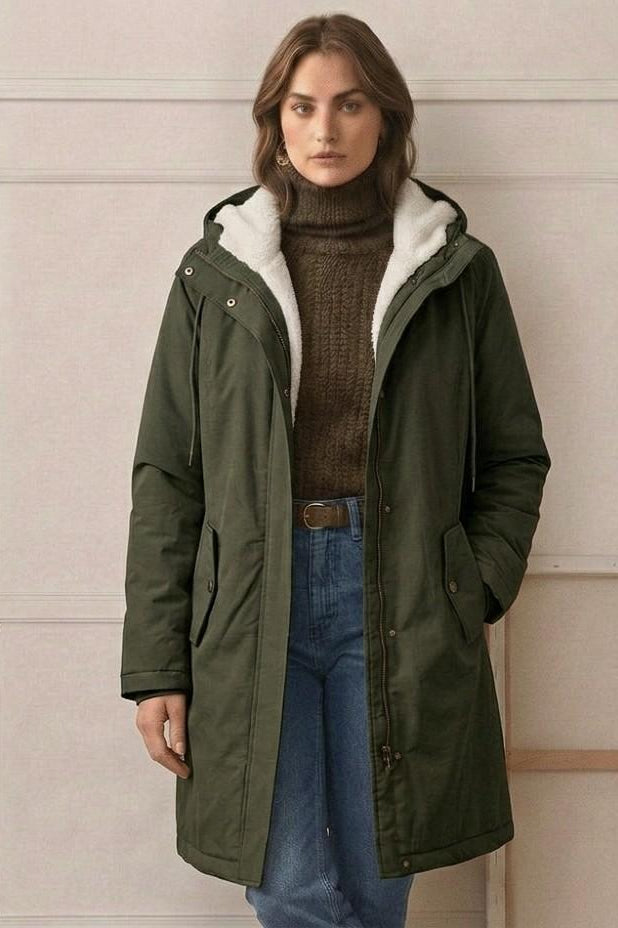 The interior of the Elara waterproof parka, showcasing the full coverage of the high-loft fleece lining.