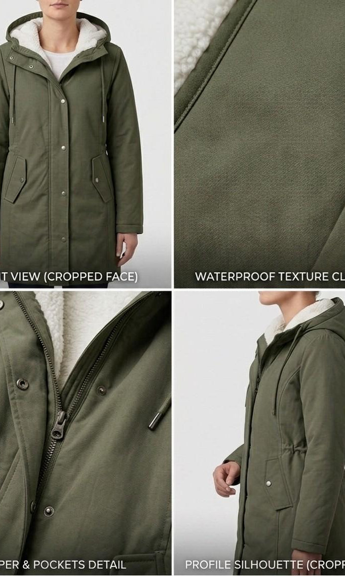 Close-up of the Elara parka's collar area, highlighting the transition from outer shell to soft fleece.