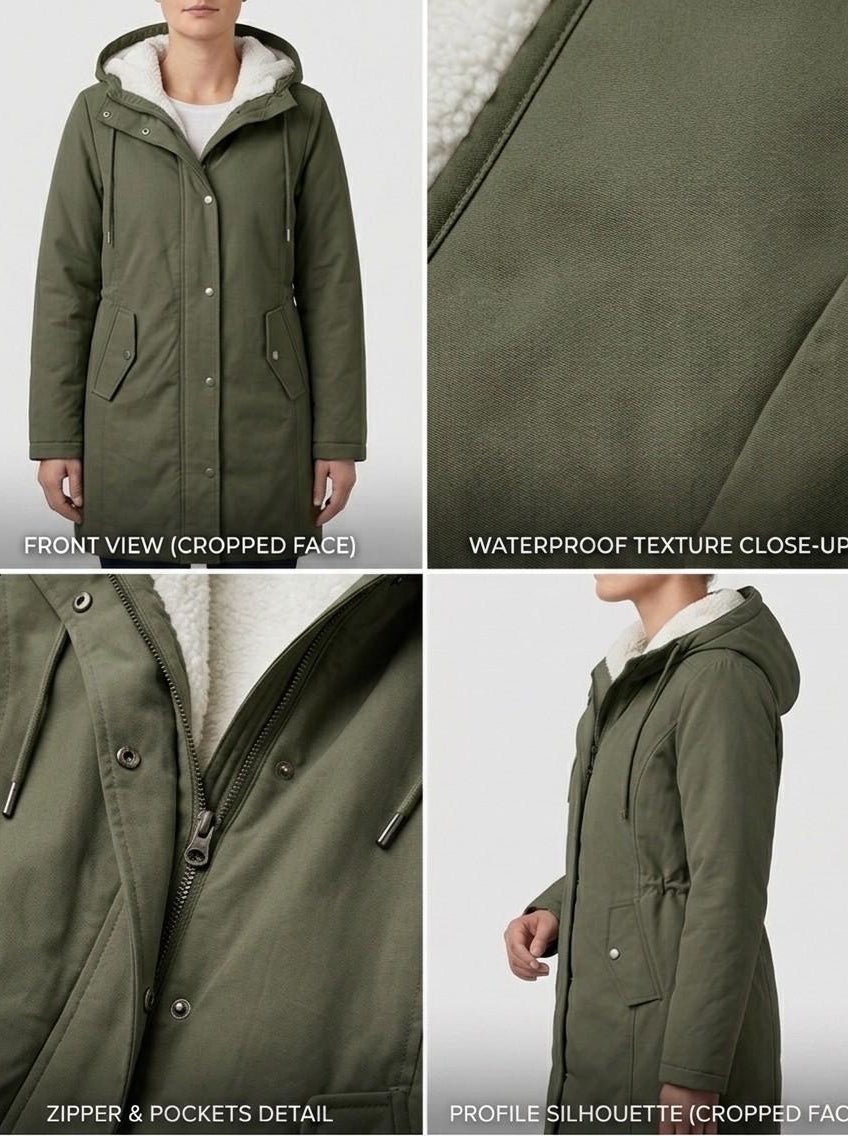 Close-up of the Elara parka's collar area, highlighting the transition from outer shell to soft fleece.