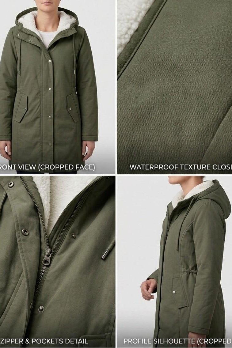 Close-up of the Elara parka's collar area, highlighting the transition from outer shell to soft fleece.