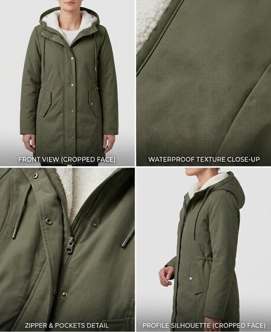 Close-up of the Elara parka's collar area, highlighting the transition from outer shell to soft fleece.