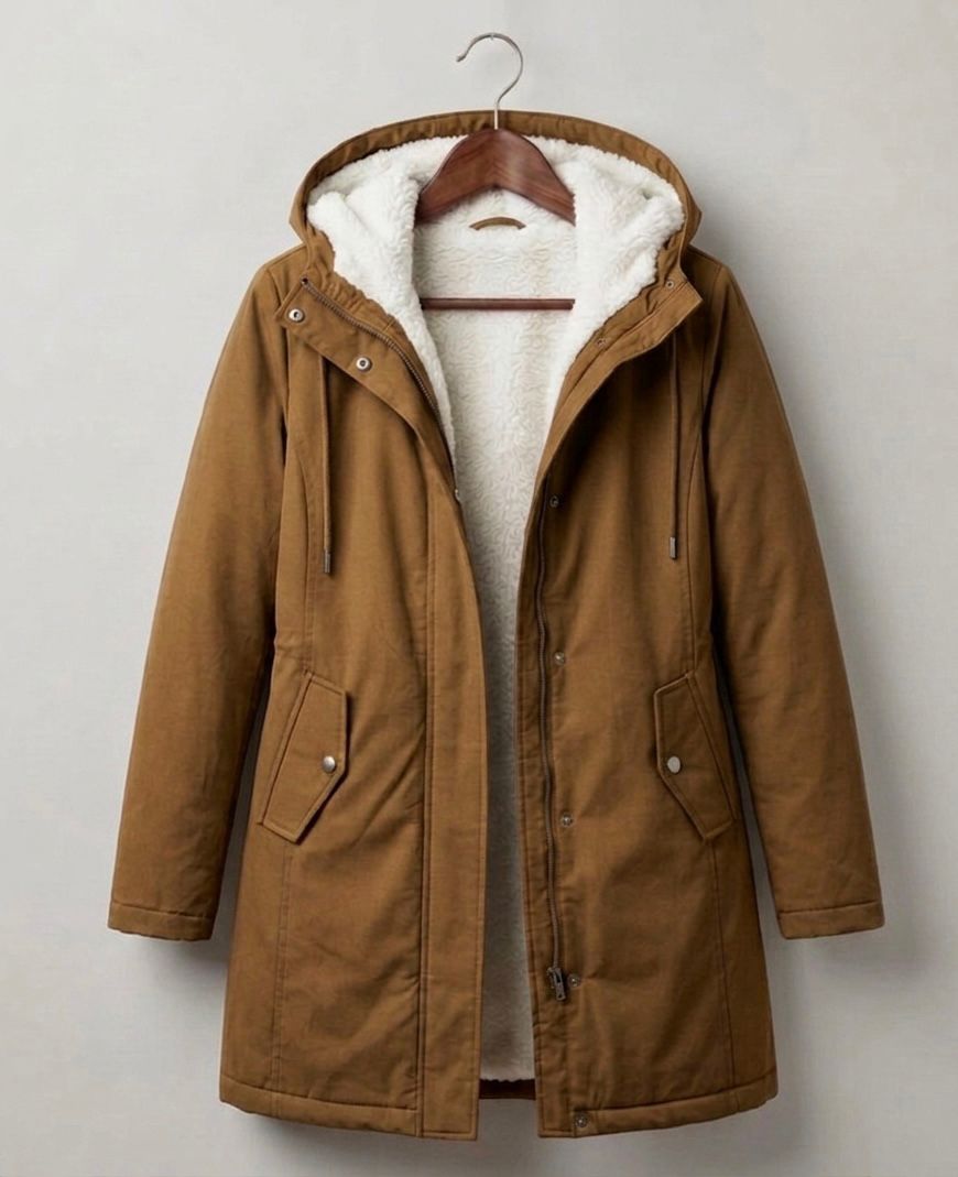 Three-quarter view of the Elara parka in a rich forest green, styled for a casual yet elegant look.