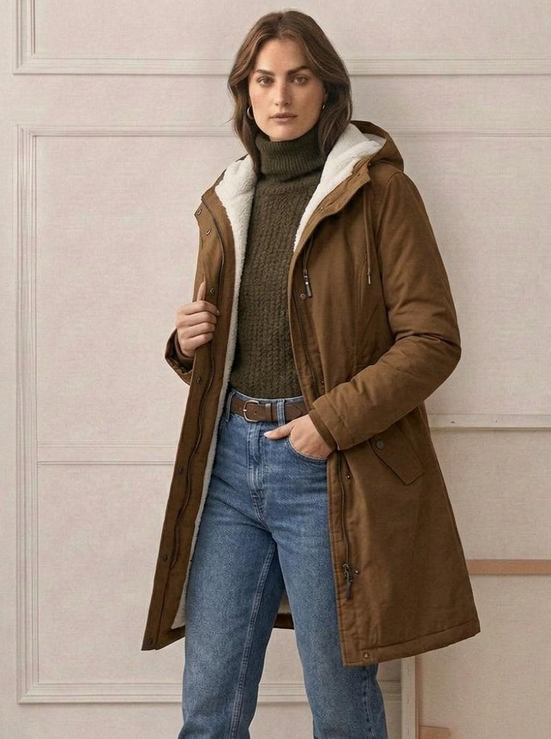 A woman adjusting the deep hood of her Elara parka, demonstrating its practical use in windy conditions.