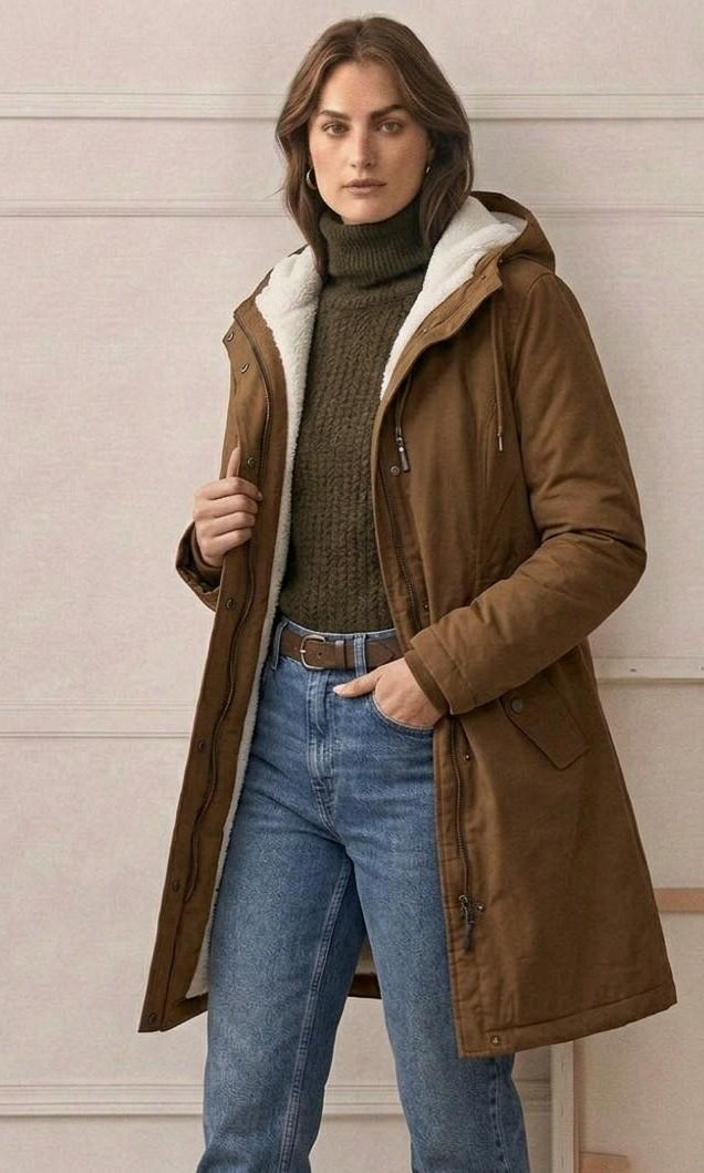 A woman adjusting the deep hood of her Elara parka, demonstrating its practical use in windy conditions.