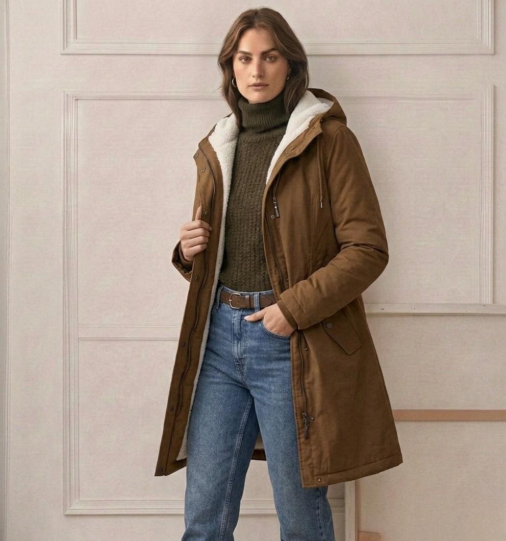 A woman adjusting the deep hood of her Elara parka, demonstrating its practical use in windy conditions.