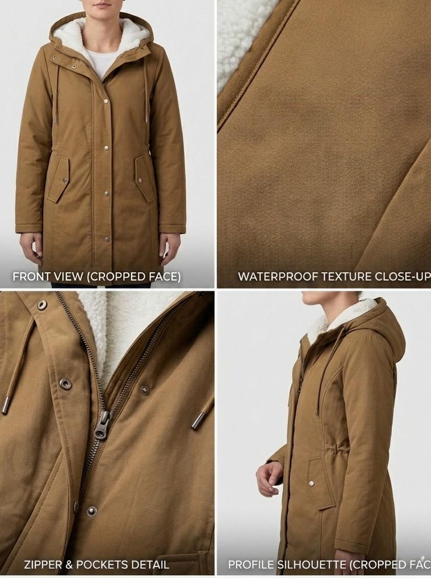 The Elara parka in midnight navy, presented on a mannequin to clearly show its structured yet comfortable fit.