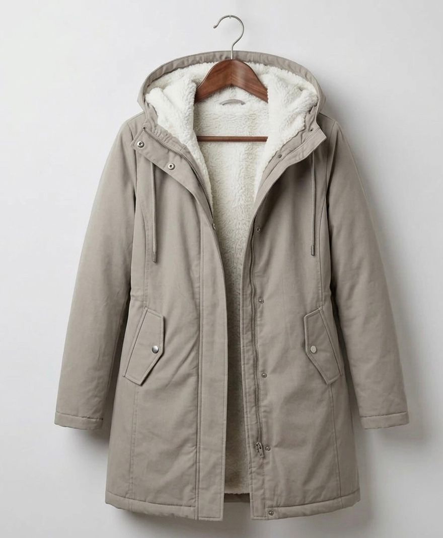 Detail of the Elara parka's pocket, emphasizing its practical design for keeping essentials dry.