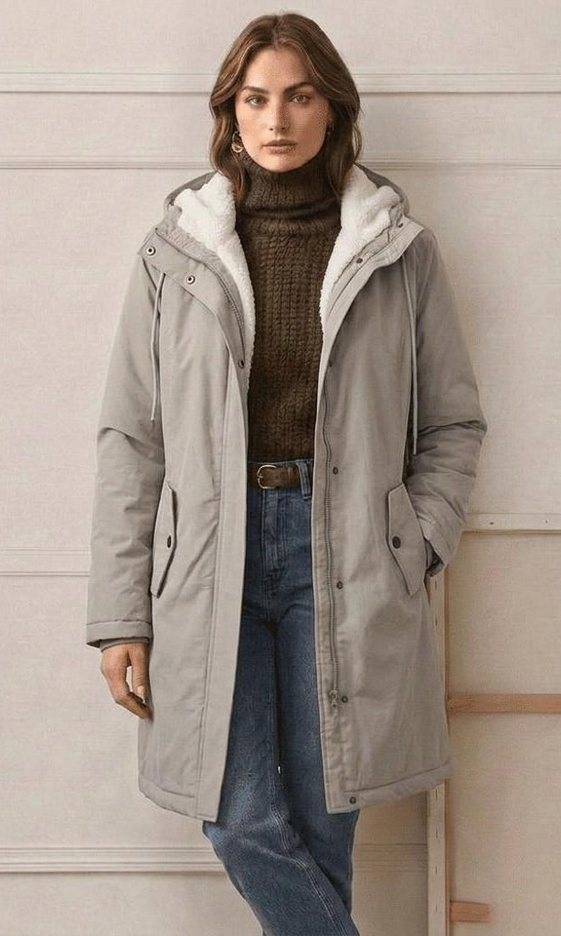 A close-up of the Elara parka's waterproof zipper and storm flap, ensuring maximum moisture resistance.