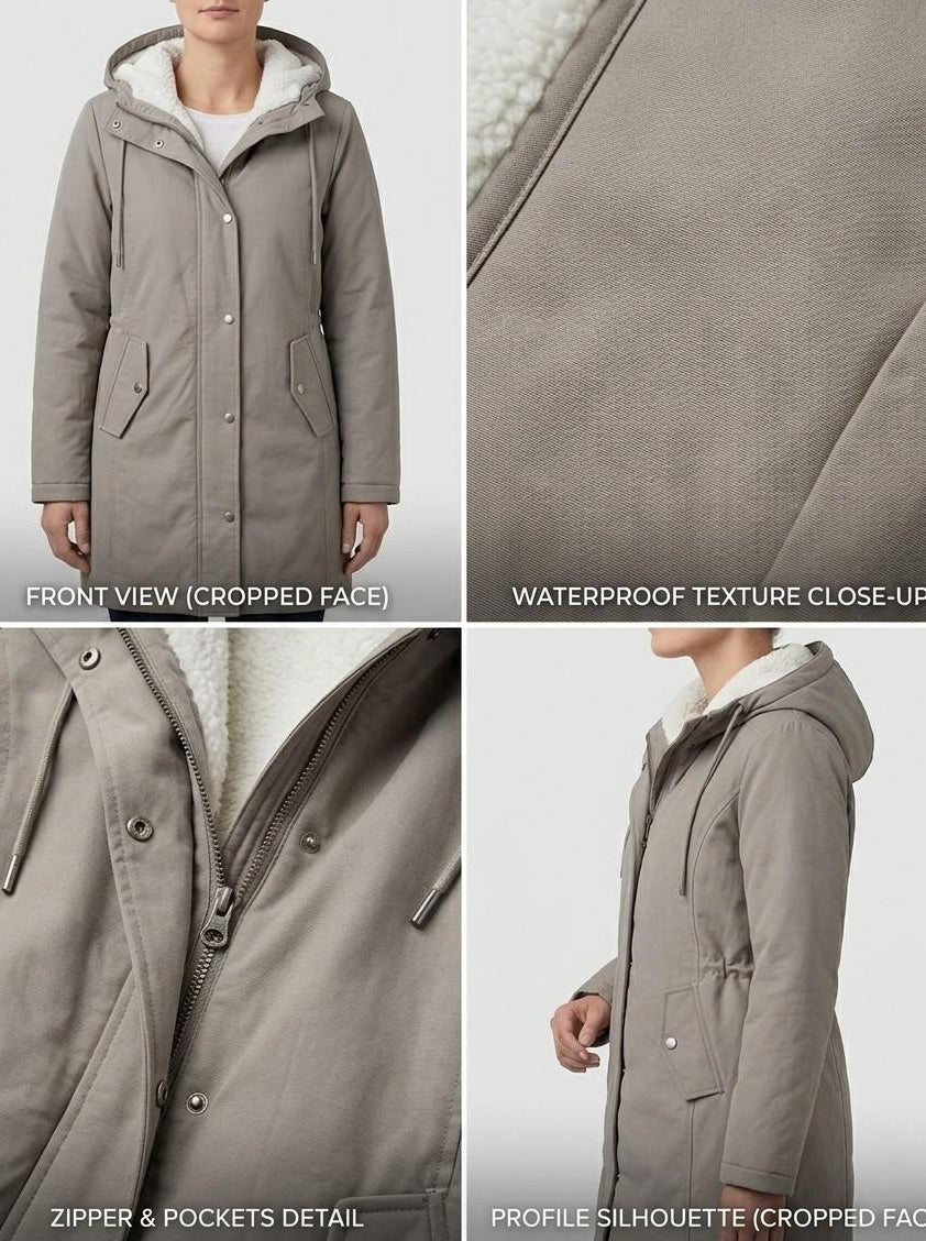 Overhead view of the Elara waterproof parka, showcasing its complete design and ready for any weather.