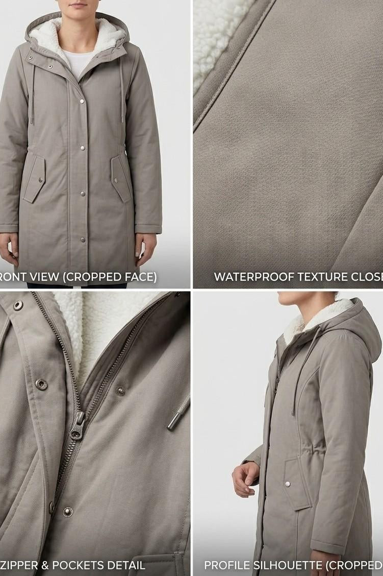 Overhead view of the Elara waterproof parka, showcasing its complete design and ready for any weather.