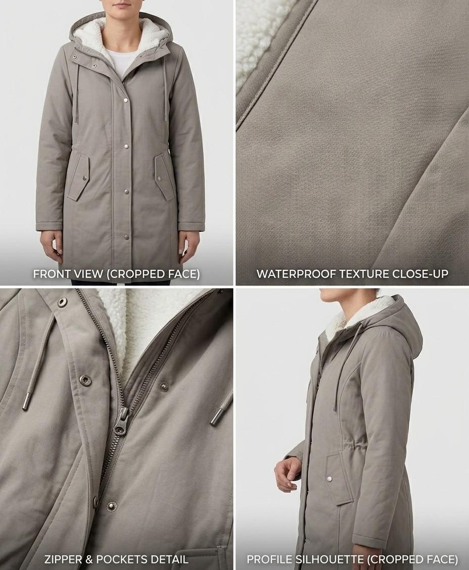 Overhead view of the Elara waterproof parka, showcasing its complete design and ready for any weather.