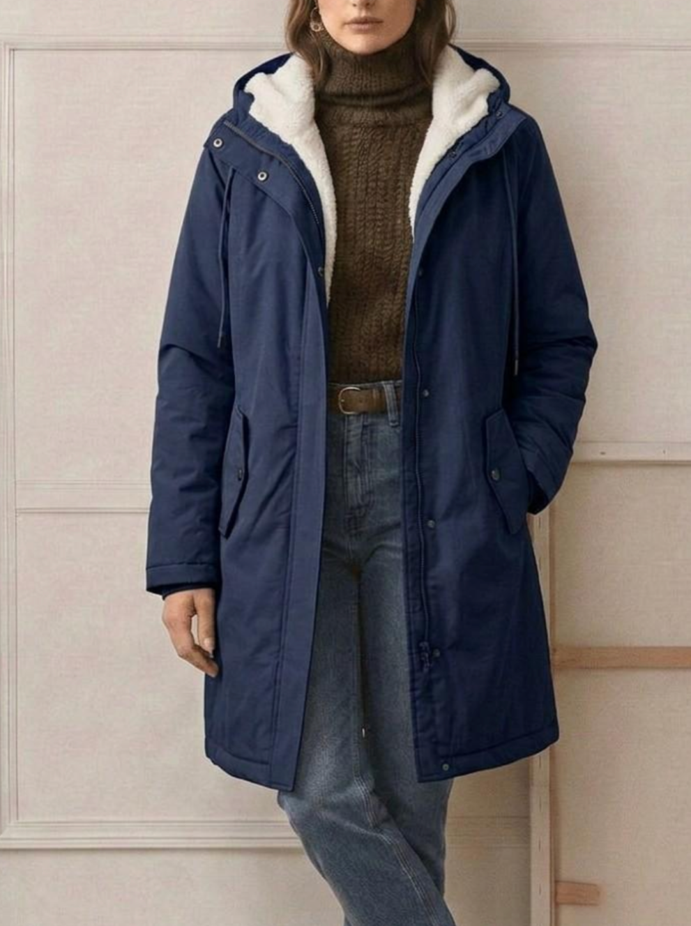 Side profile of the Elara fleece-lined parka, highlighting the length and subtle waist taper for a flattering fit.