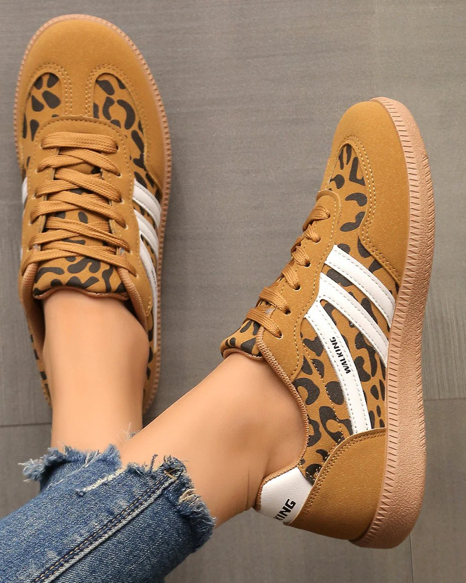 Pair of brown Elara orthopaedic cushioned trainers, presented from above, emphasizing their warm color and stylish versatility.
