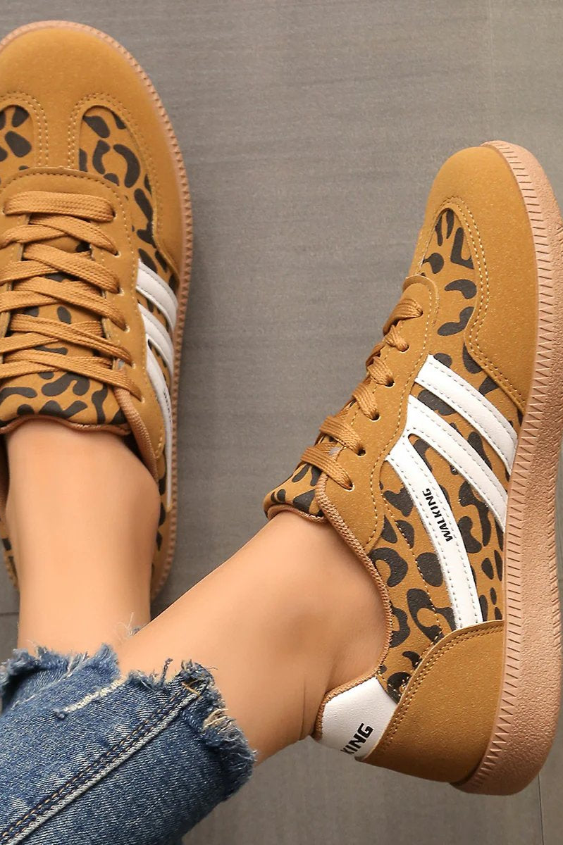 Pair of brown Elara orthopaedic cushioned trainers, presented from above, emphasizing their warm color and stylish versatility.
