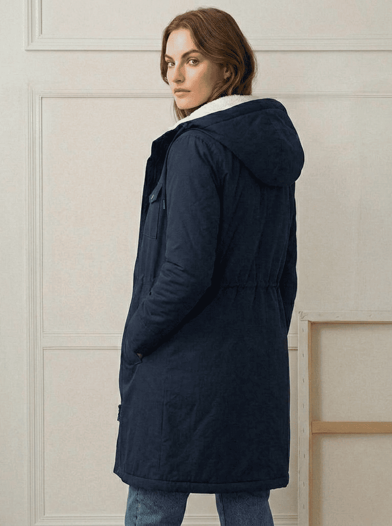 Close-up of the Elara parka's waterproof outer fabric texture, demonstrating its robust rain protection.