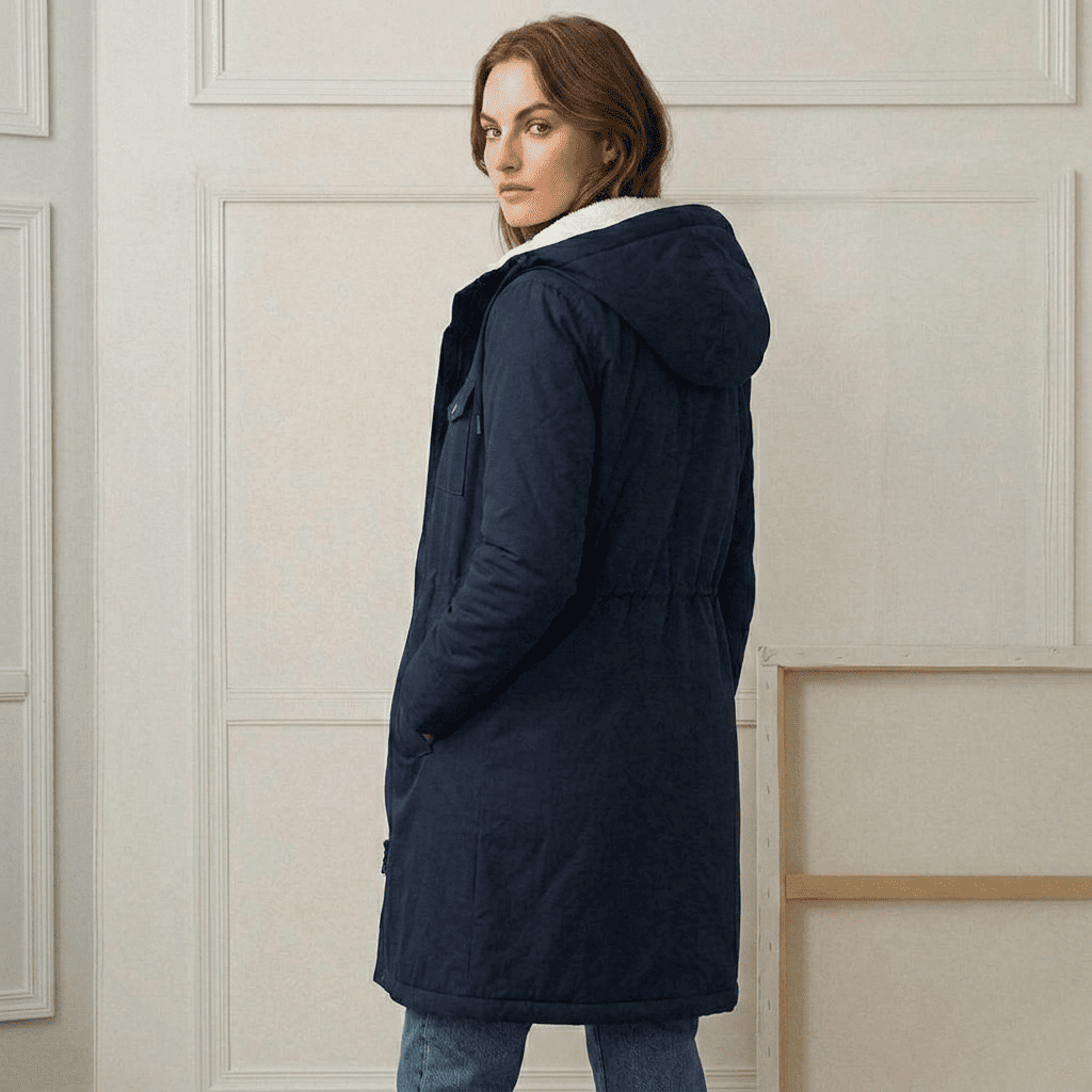 Close-up of the Elara parka's waterproof outer fabric texture, demonstrating its robust rain protection.
