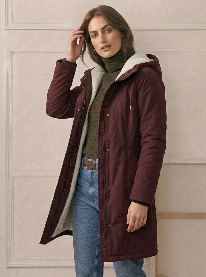 Back view of the Elara parka, showing the deep, fixed storm hood and overall elegant drape.
