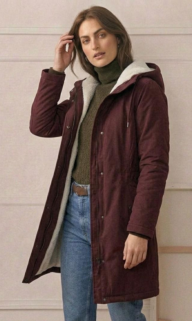 Back view of the Elara parka, showing the deep, fixed storm hood and overall elegant drape.