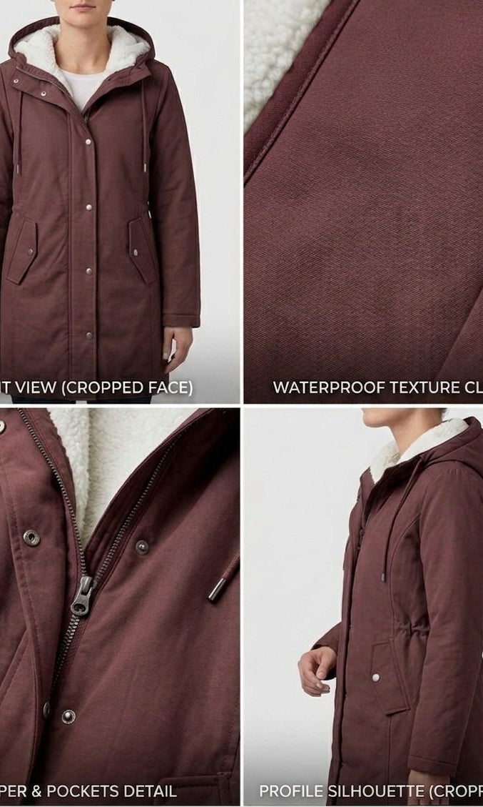 The Elara parka laid flat, displaying the full-length zip and button-down storm flap for wind blocking.