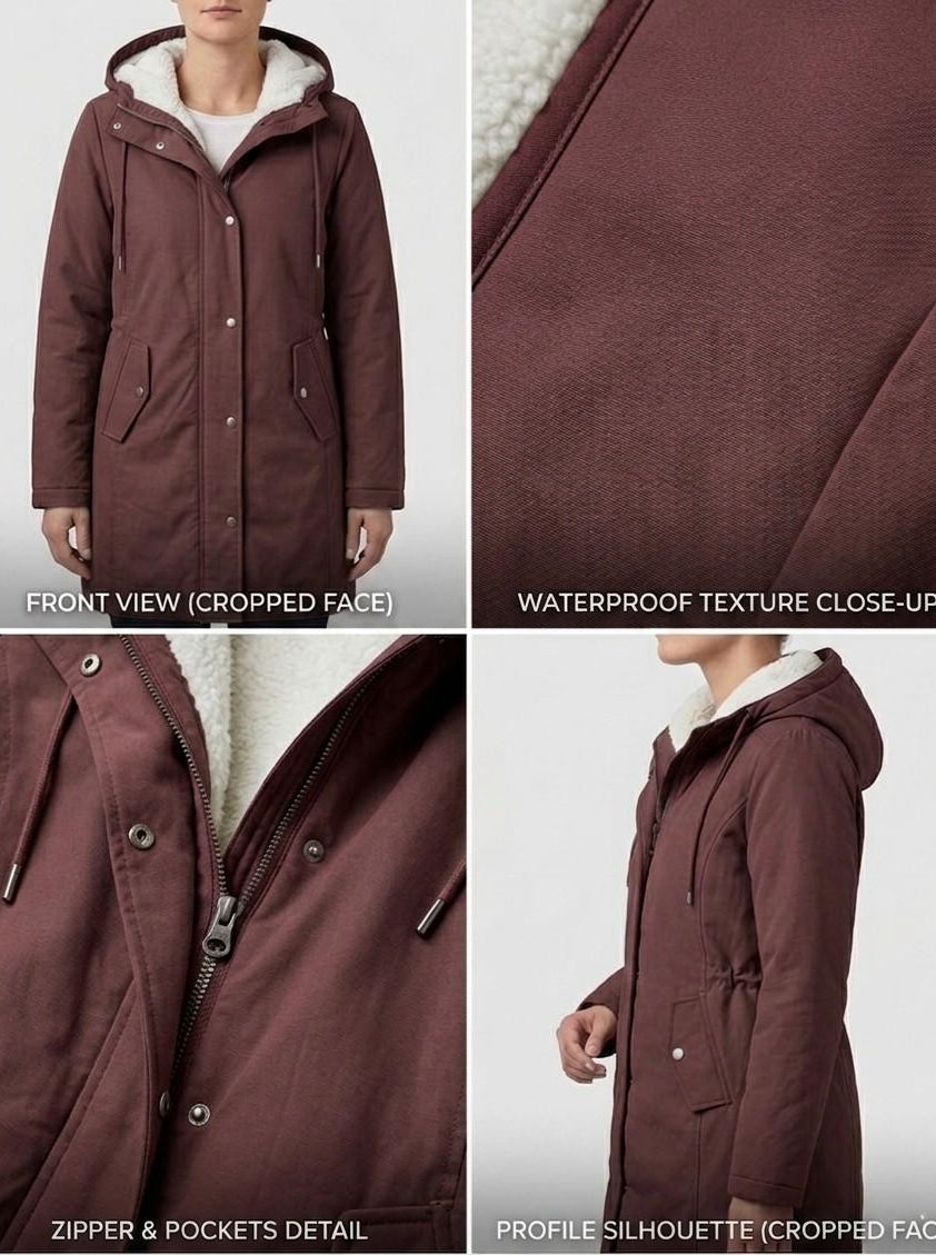 The Elara parka laid flat, displaying the full-length zip and button-down storm flap for wind blocking.