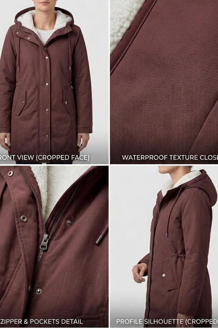 The Elara parka laid flat, displaying the full-length zip and button-down storm flap for wind blocking.