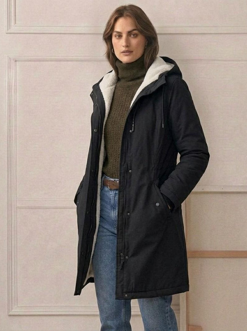 A model zipping up the Elara parka, illustrating the smooth operation of the wind-blocking closure.