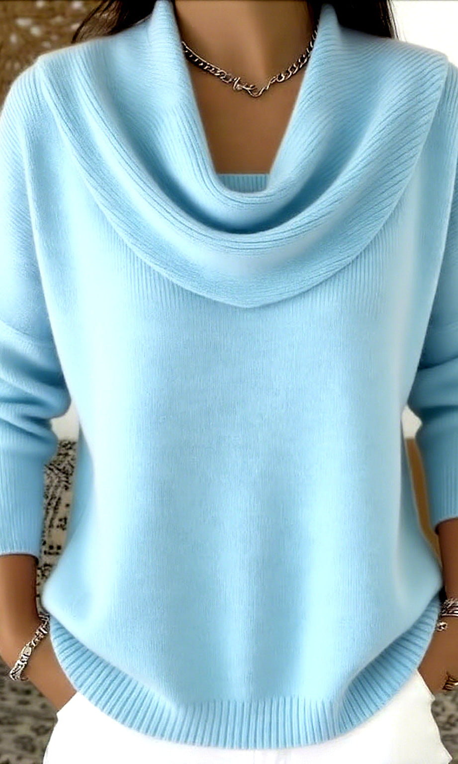 Model walking in Elina comfort fit pants in sky blue, demonstrating ease of movement and comfort.