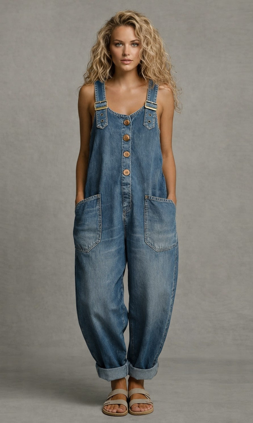 Front view of a Suri chic utility jumpsuit in blue, styled for a casual outdoor setting.