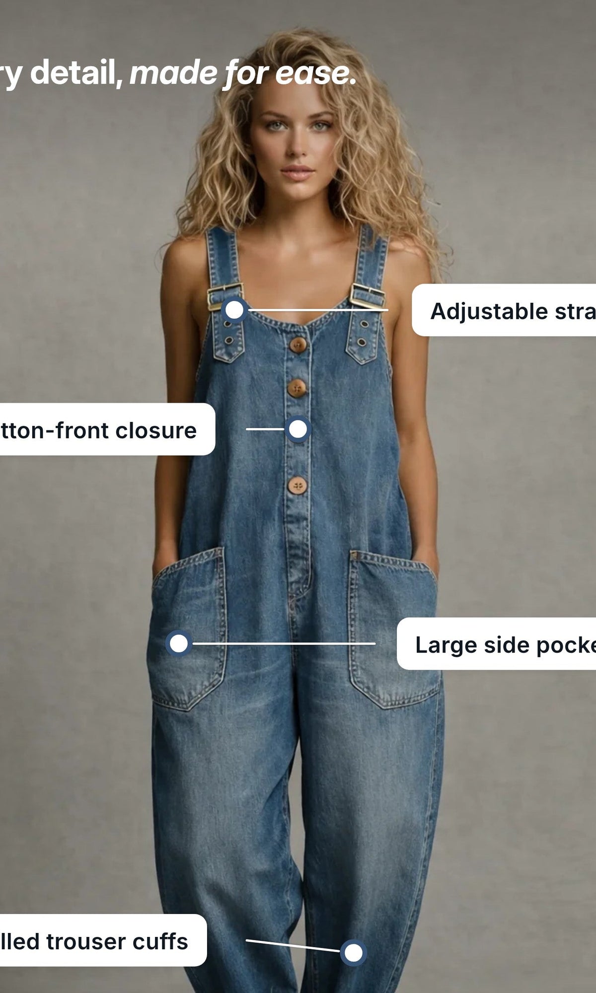Detailed view of the large, functional pockets on the relaxed fit jumpsuit.