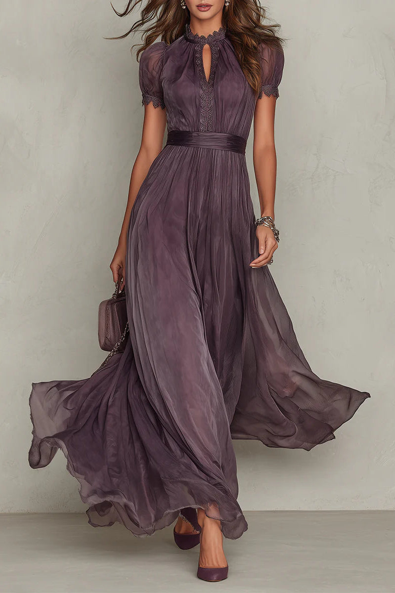 Front view of the Evadne purple chiffon lace maxi dress, showcasing the keyhole neckline and flowing skirt.