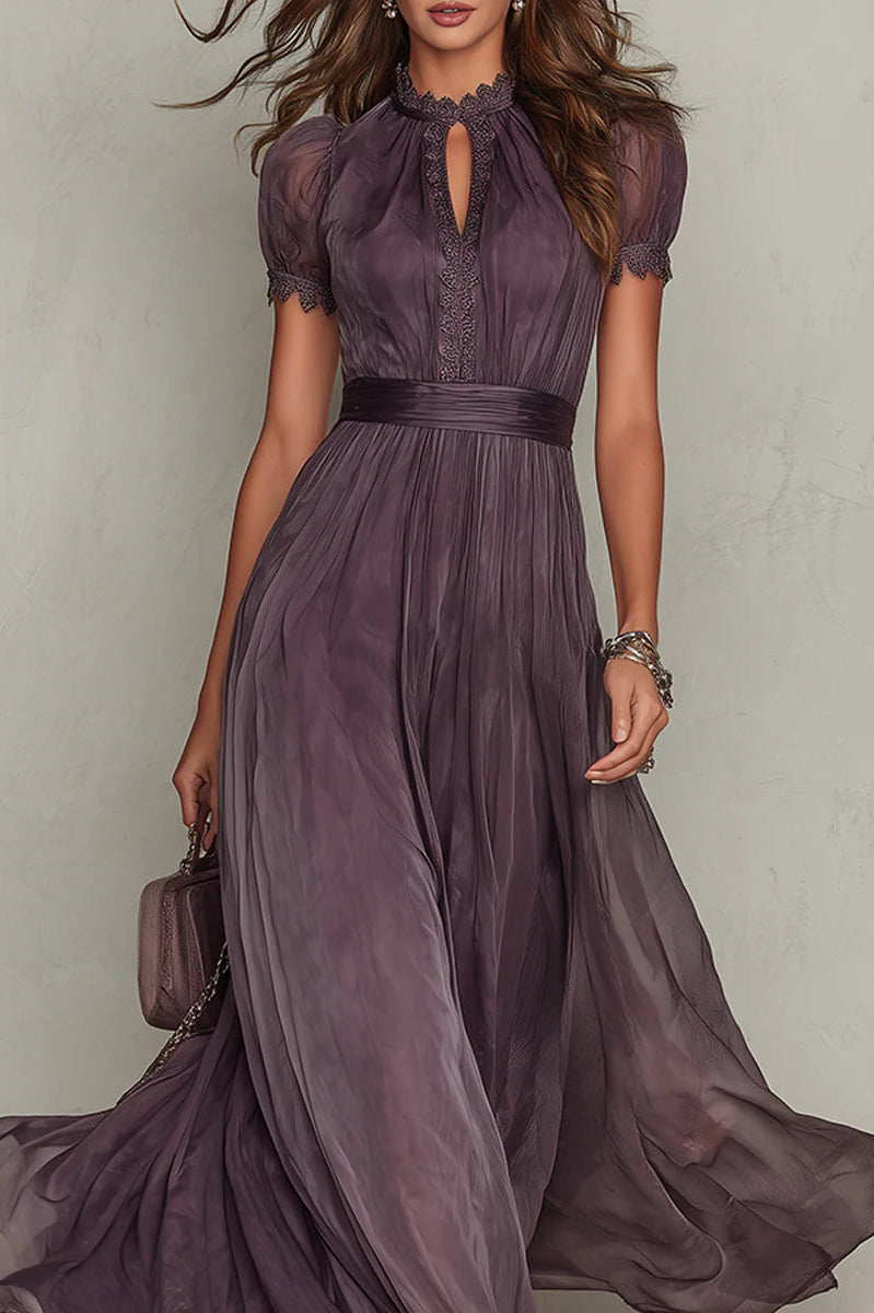 Back view of the purple chiffon lace maxi dress, showing the subtle closure and the luxurious flow of the fabric.