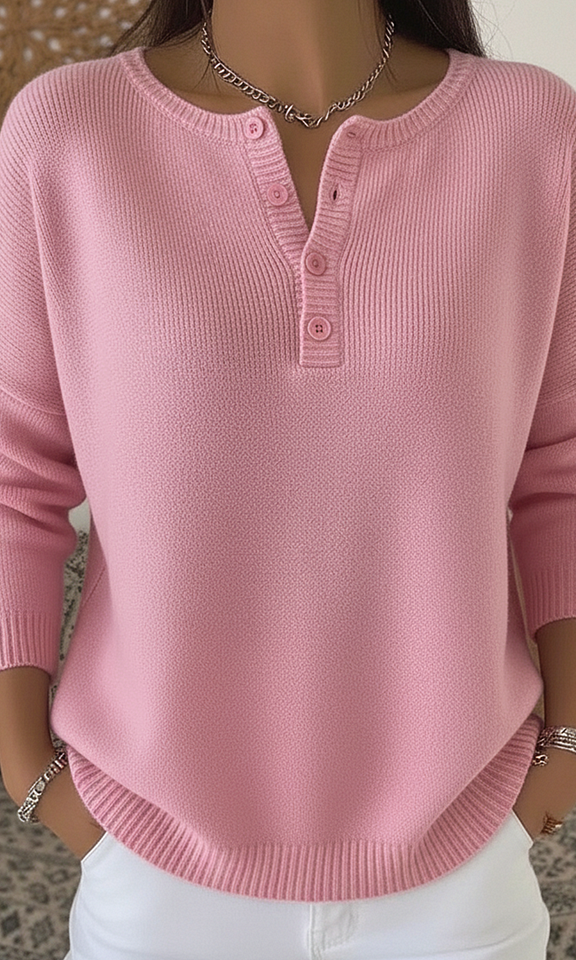 Side profile of a woman wearing Fiona comfortable button-up pants, highlighting the flowing fabric.