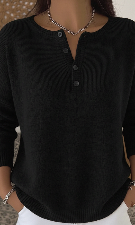 Full-length shot of the comfortable button-up pants styled with a casual top and shoes.