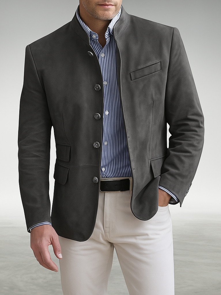 Front view of the Florian tailored formal blazer in a classic grey, showcasing its refined silhouette and fabric texture.