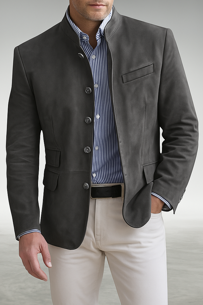 Front view of the Florian tailored formal blazer in a classic grey, showcasing its refined silhouette and fabric texture.