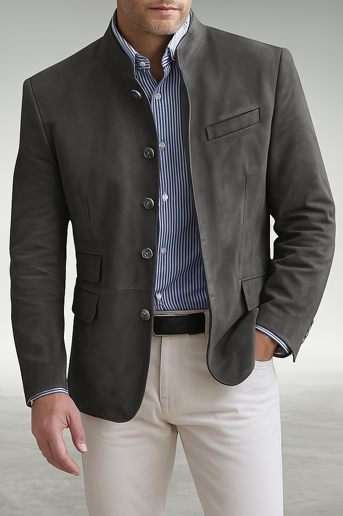 Front view of the Florian tailored formal blazer in a classic grey, showcasing its refined silhouette and fabric texture.