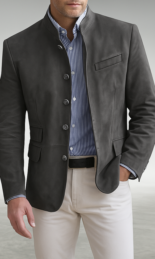 Front view of the Florian tailored formal blazer in a classic grey, showcasing its refined silhouette and fabric texture.
