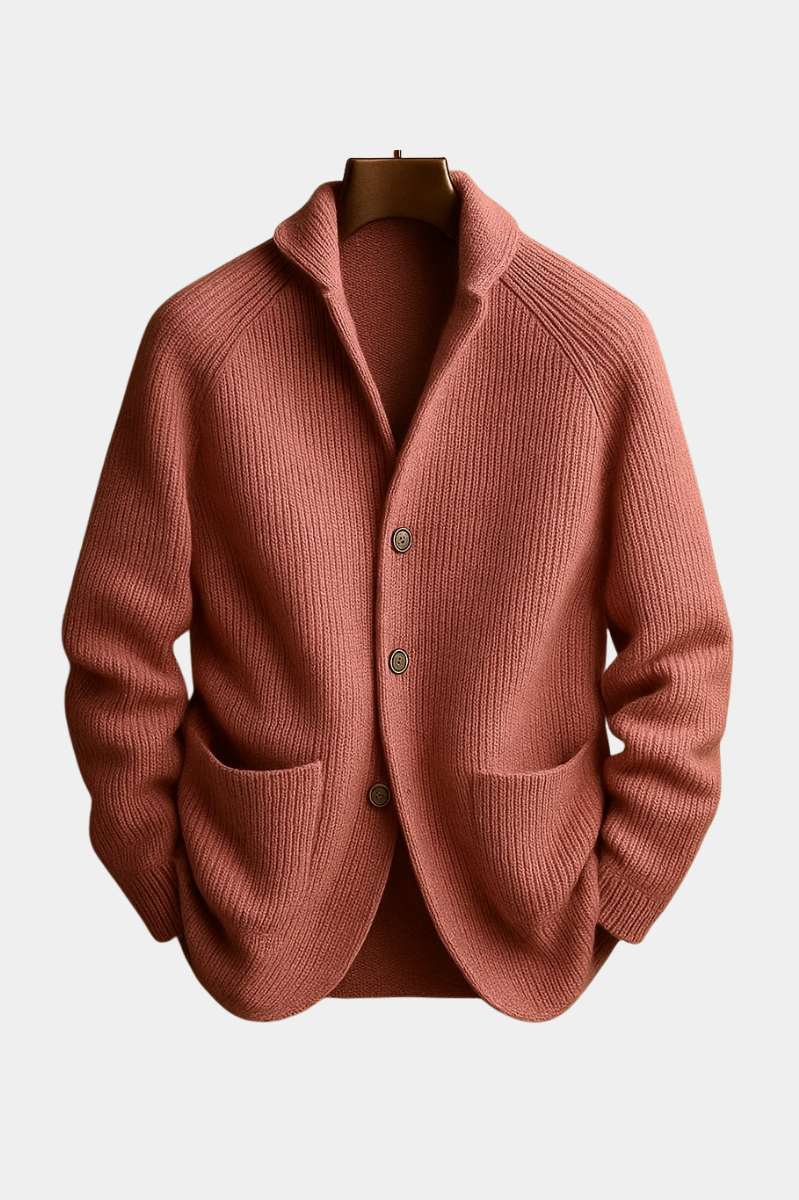 Florian men's wool blend cardigan in dark grey, front view on a mannequin, showcasing the ribbed knit texture.