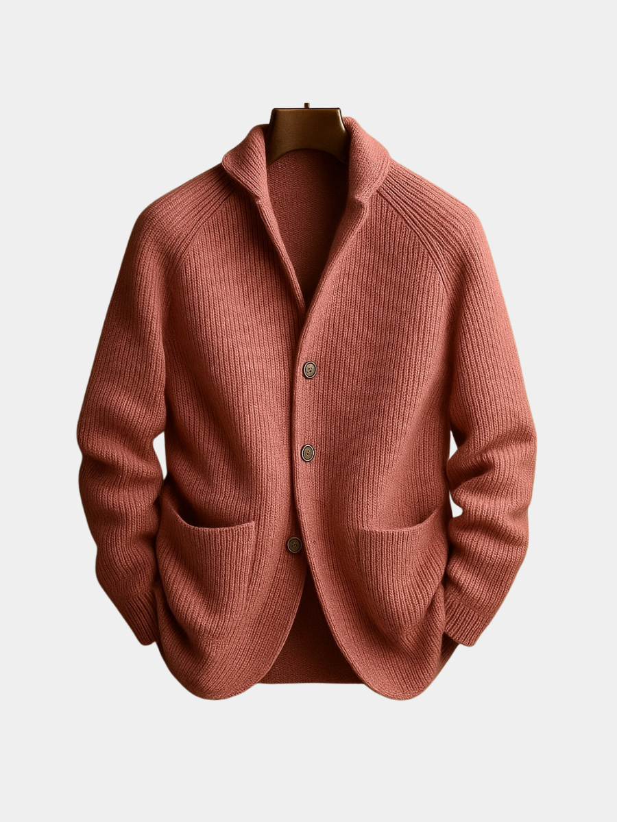 Florian men's wool blend cardigan in dark grey, front view on a mannequin, showcasing the ribbed knit texture.