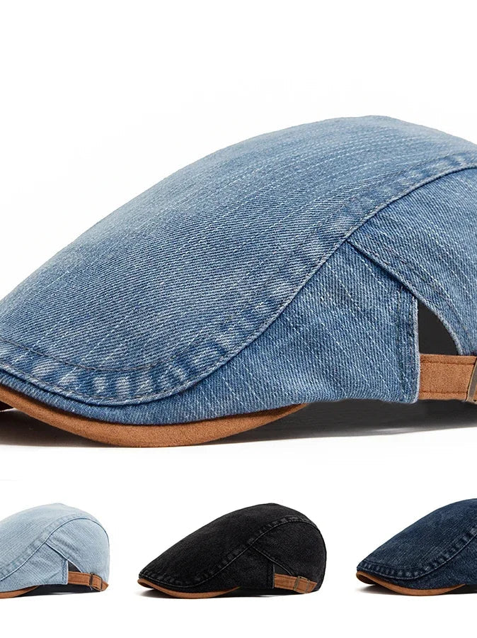 Front view of a dark blue denim flat cap, showcasing its classic shape and premium denim texture.