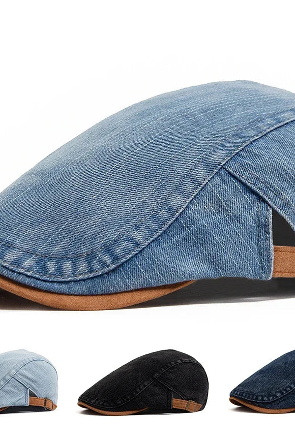 Front view of a dark blue denim flat cap, showcasing its classic shape and premium denim texture.