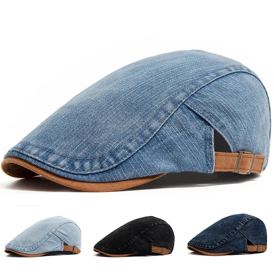 Front view of a dark blue denim flat cap, showcasing its classic shape and premium denim texture.